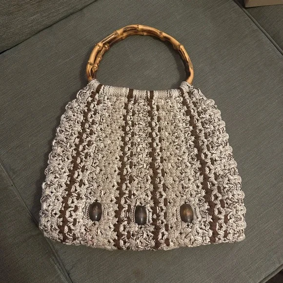 Chic Crochet Shoulder Bag with Bamboo Handle - Picture 1 of 6